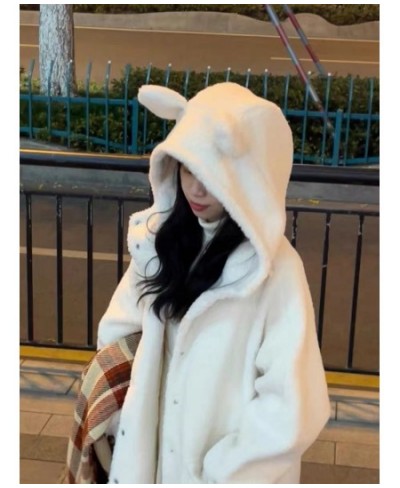 Cute Lambswool Hooded Coat Women Faux Fur Coat Mid-length Warm Fuzzy Overcoat Oversized Plus Size $51.81 - Jackets & Coats