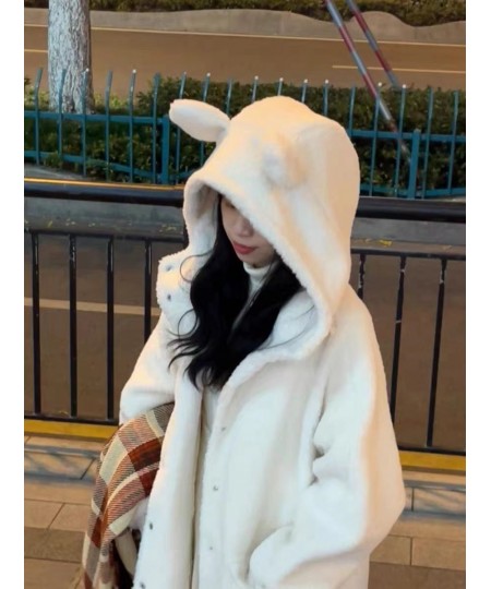 Cute Lambswool Hooded Coat Women Faux Fur Coat Mid-length Warm Fuzzy Overcoat Oversized Plus Size $51.81 - Jackets & Coats