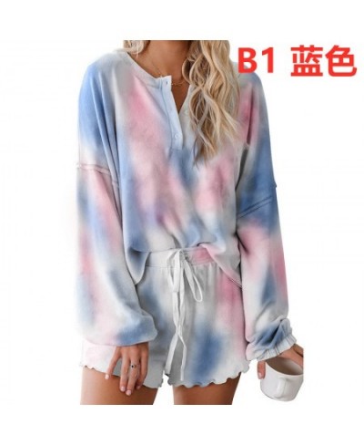 Rainbowwaves Women Pajamas Sets Tie Dye Printing Ruffle Short Casual Long Sleeved Top And Shorts Two Piece Pajamas $24.24 - S...