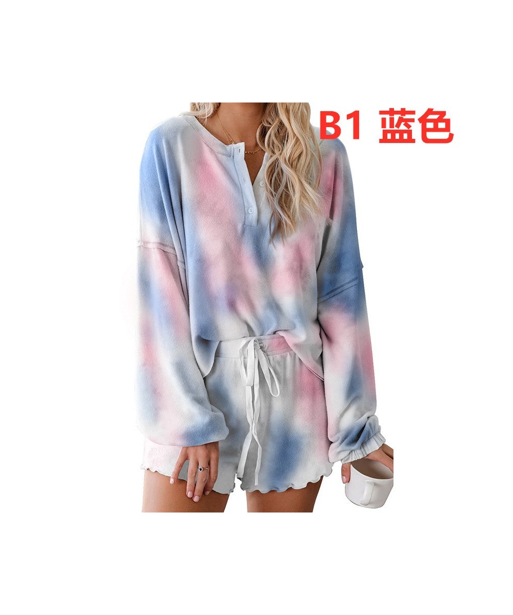 Rainbowwaves Women Pajamas Sets Tie Dye Printing Ruffle Short Casual Long Sleeved Top And Shorts Two Piece Pajamas $24.24 - S...