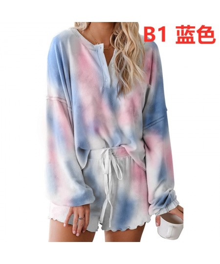 Rainbowwaves Women Pajamas Sets Tie Dye Printing Ruffle Short Casual Long Sleeved Top And Shorts Two Piece Pajamas $24.24 - S...