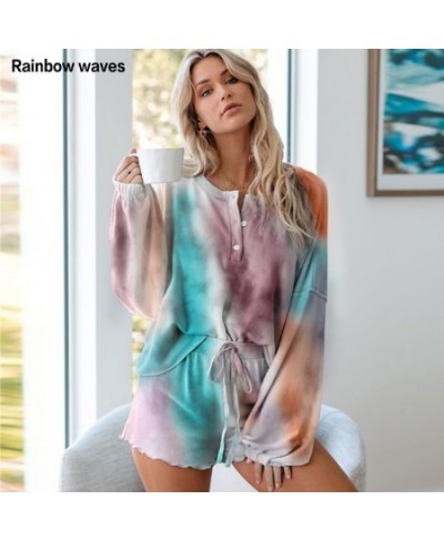 Rainbowwaves Women Pajamas Sets Tie Dye Printing Ruffle Short Casual Long Sleeved Top And Shorts Two Piece Pajamas $24.24 - S...