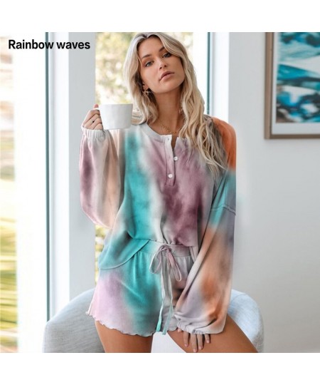 Rainbowwaves Women Pajamas Sets Tie Dye Printing Ruffle Short Casual Long Sleeved Top And Shorts Two Piece Pajamas $24.24 - S...