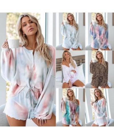 Rainbowwaves Women Pajamas Sets Tie Dye Printing Ruffle Short Casual Long Sleeved Top And Shorts Two Piece Pajamas $24.24 - S...