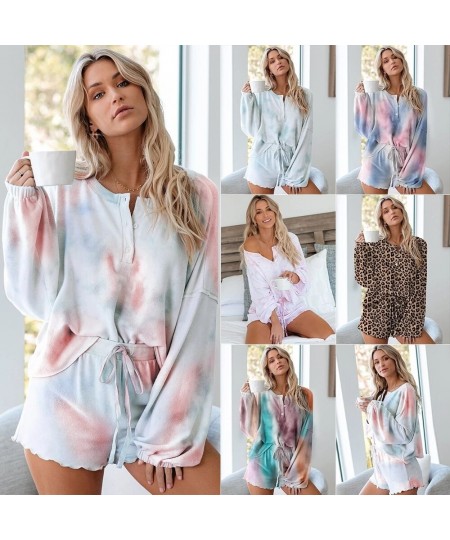 Rainbowwaves Women Pajamas Sets Tie Dye Printing Ruffle Short Casual Long Sleeved Top And Shorts Two Piece Pajamas $24.24 - S...