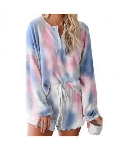 Rainbowwaves Women Pajamas Sets Tie Dye Printing Ruffle Short Casual Long Sleeved Top And Shorts Two Piece Pajamas $24.24 - S...