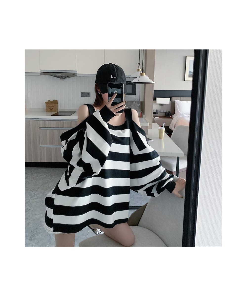 150kg Can Wear Loose Striped Open Shoulder Long Sleeve Women T Shirts 2xl Oversized Autumn Black White Fashion Harajuku $36.7...