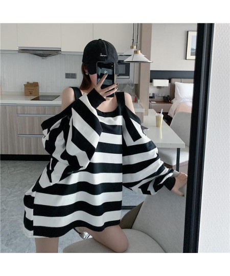 150kg Can Wear Loose Striped Open Shoulder Long Sleeve Women T Shirts 2xl Oversized Autumn Black White Fashion Harajuku $36.7...