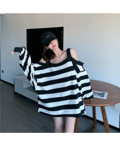 150kg Can Wear Loose Striped Open Shoulder Long Sleeve Women T Shirts 2xl Oversized Autumn Black White Fashion Harajuku $36.7...