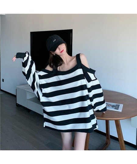 150kg Can Wear Loose Striped Open Shoulder Long Sleeve Women T Shirts 2xl Oversized Autumn Black White Fashion Harajuku $36.7...