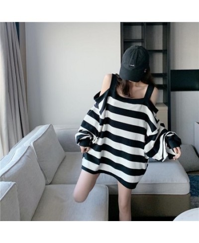 150kg Can Wear Loose Striped Open Shoulder Long Sleeve Women T Shirts 2xl Oversized Autumn Black White Fashion Harajuku $36.7...