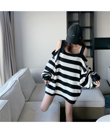 150kg Can Wear Loose Striped Open Shoulder Long Sleeve Women T Shirts 2xl Oversized Autumn Black White Fashion Harajuku $36.7...