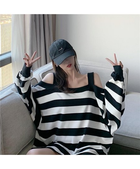 150kg Can Wear Loose Striped Open Shoulder Long Sleeve Women T Shirts 2xl Oversized Autumn Black White Fashion Harajuku $36.7...