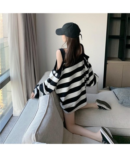 150kg Can Wear Loose Striped Open Shoulder Long Sleeve Women T Shirts 2xl Oversized Autumn Black White Fashion Harajuku $36.7...