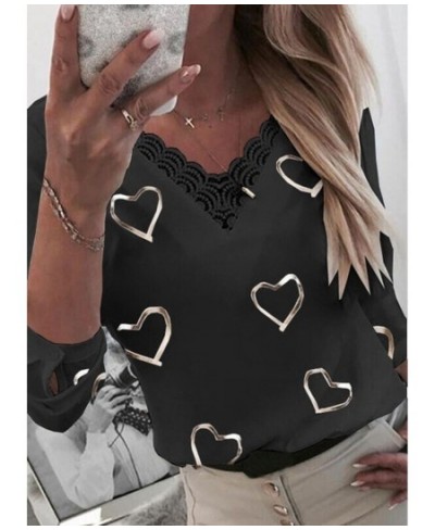 2000 Ladies Fashion Heart Print V Neck Shirt Shirt Spring Summer Casual Long Sleeve Button Pullover Ladies Sexy Loose Lace $3...