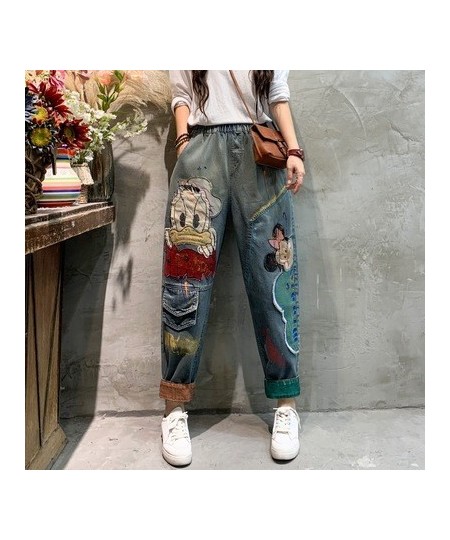 Spring New Retro Embroidered Loose Large Size Contrast Color Curling Jeans for Women Casual High Waist Denim Pants for Ladies...