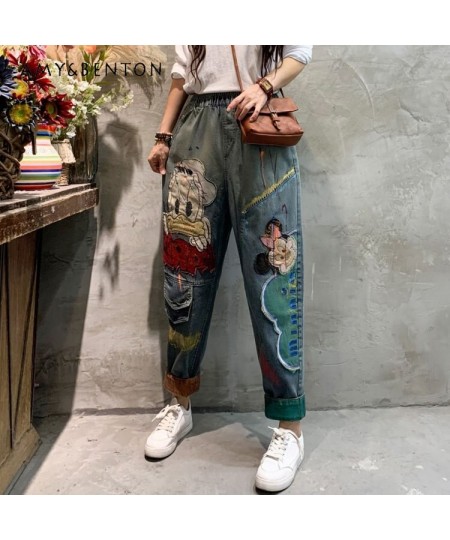 Spring New Retro Embroidered Loose Large Size Contrast Color Curling Jeans for Women Casual High Waist Denim Pants for Ladies...