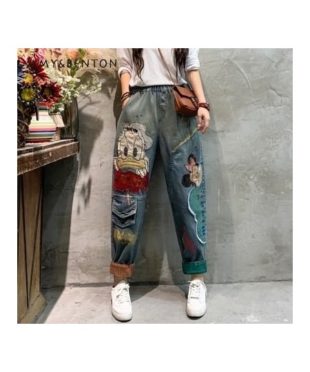 Spring New Retro Embroidered Loose Large Size Contrast Color Curling Jeans for Women Casual High Waist Denim Pants for Ladies...