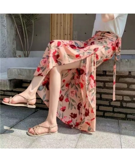 Fashion Cotton Women Floral Print Skirt Side Tie Beach Skirts Summer High Waist Wrap Flower Long Skirt With Slit $21.60 - Skirts