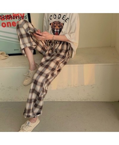 Women Sleep Bottoms Plaid Vintage BF Unisex Soft Leisure Loose Home Wear Ankle-length Korean Style College Students Spring Ch...