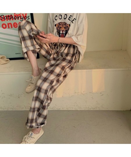 Women Sleep Bottoms Plaid Vintage BF Unisex Soft Leisure Loose Home Wear Ankle-length Korean Style College Students Spring Ch...