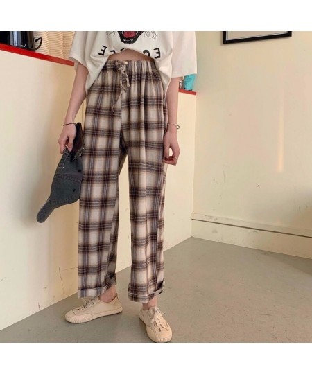 Women Sleep Bottoms Plaid Vintage BF Unisex Soft Leisure Loose Home Wear Ankle-length Korean Style College Students Spring Ch...