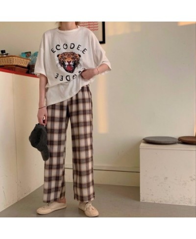 Women Sleep Bottoms Plaid Vintage BF Unisex Soft Leisure Loose Home Wear Ankle-length Korean Style College Students Spring Ch...