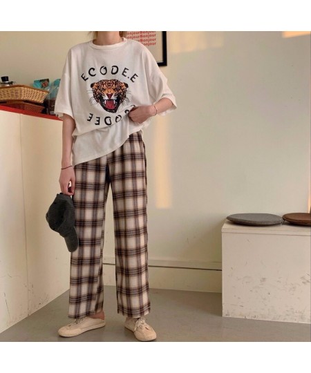 Women Sleep Bottoms Plaid Vintage BF Unisex Soft Leisure Loose Home Wear Ankle-length Korean Style College Students Spring Ch...