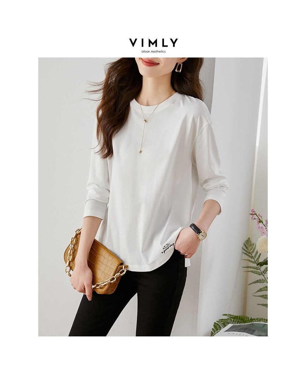 Loose White T-shirt for Women 2023 Spring Fashion 100% Cotton Embroidery Side Slit Long Sleeve Tops Basics Simple Tees $50.43...