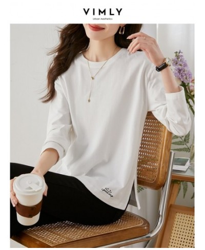 Loose White T-shirt for Women 2023 Spring Fashion 100% Cotton Embroidery Side Slit Long Sleeve Tops Basics Simple Tees $50.43...