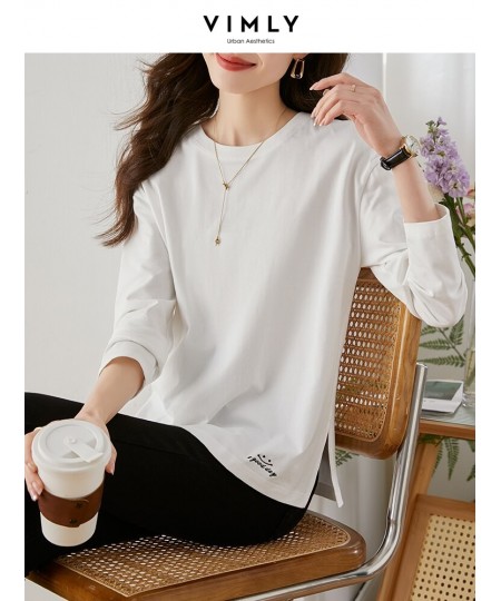 Loose White T-shirt for Women 2023 Spring Fashion 100% Cotton Embroidery Side Slit Long Sleeve Tops Basics Simple Tees $50.43...