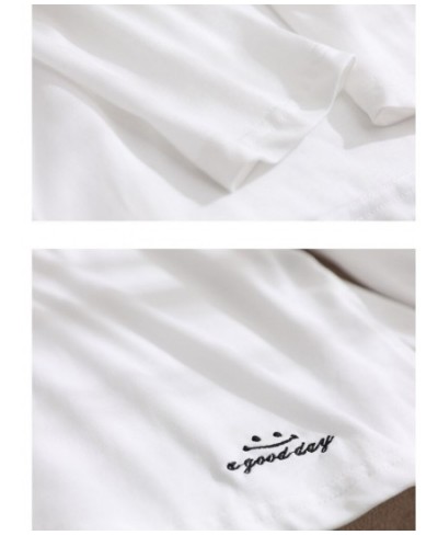 Loose White T-shirt for Women 2023 Spring Fashion 100% Cotton Embroidery Side Slit Long Sleeve Tops Basics Simple Tees $50.43...