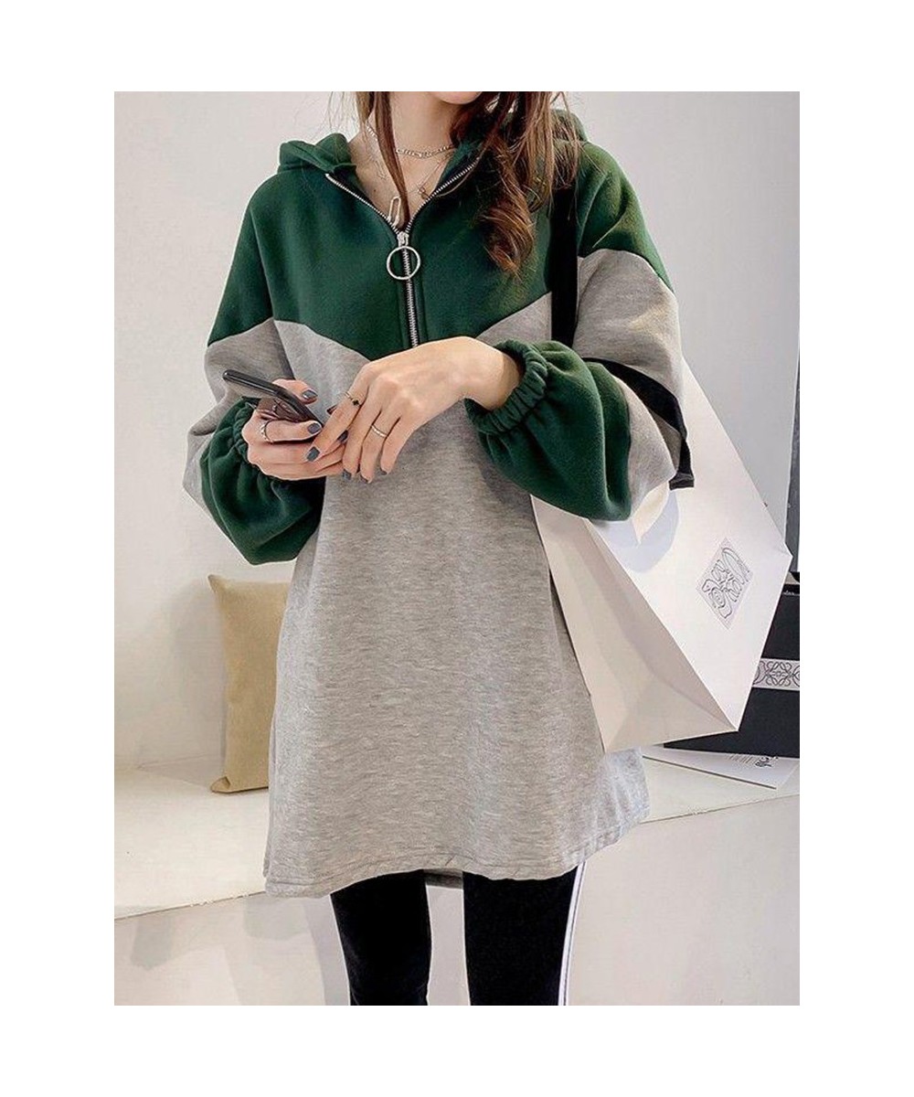 Spring Autumn Oversized Loose Casual Fashion Patchwork Midi Hoodies Top Women Zipper Sweatshirt Comfortable All-match Pullove...