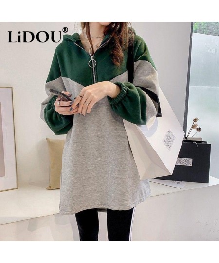 Spring Autumn Oversized Loose Casual Fashion Patchwork Midi Hoodies Top Women Zipper Sweatshirt Comfortable All-match Pullove...