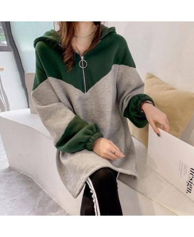 Spring Autumn Oversized Loose Casual Fashion Patchwork Midi Hoodies Top Women Zipper Sweatshirt Comfortable All-match Pullove...