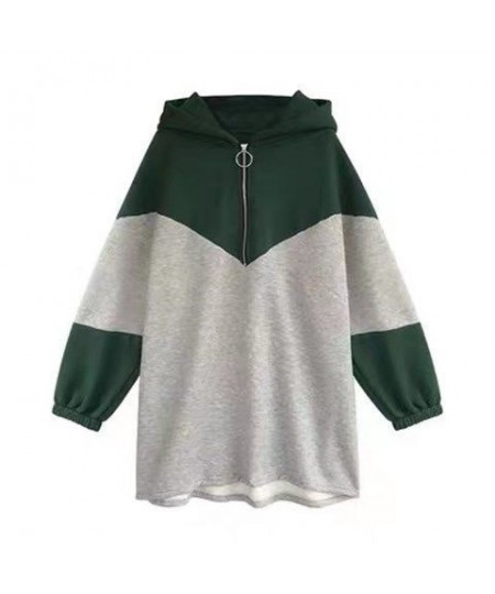 Spring Autumn Oversized Loose Casual Fashion Patchwork Midi Hoodies Top Women Zipper Sweatshirt Comfortable All-match Pullove...