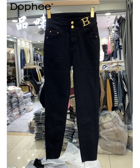 2022 Winter Elastic Slim High Waisted Jeans for Women's Metal Decorative Velvet Soft All-Matching Skinny Cropped Denim Pants ...