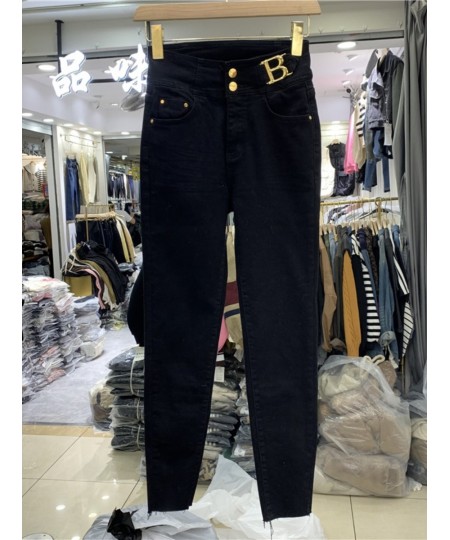 2022 Winter Elastic Slim High Waisted Jeans for Women's Metal Decorative Velvet Soft All-Matching Skinny Cropped Denim Pants ...