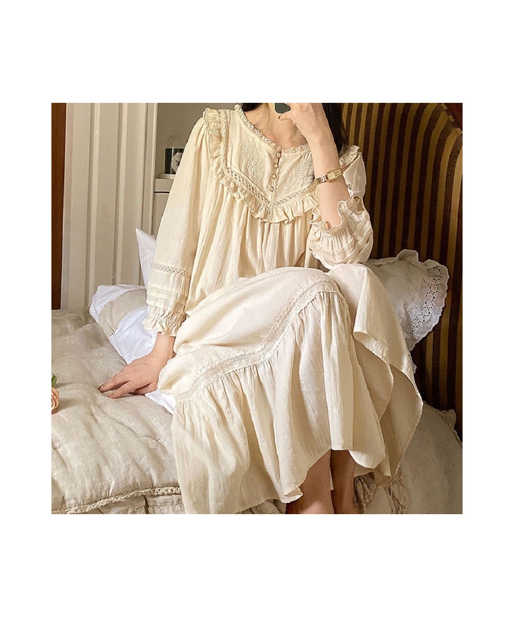 New Vintage Embroidery Cotton Long Nightgowns For Women Long Sleeve Beige Elegant Nightshirts Comfortable Plus Size Night Dre...