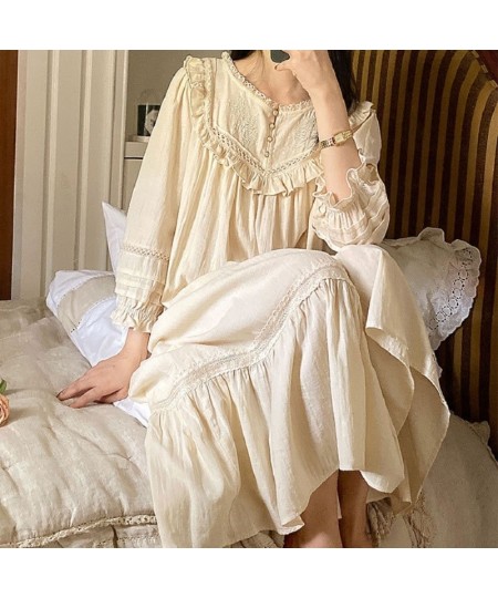 New Vintage Embroidery Cotton Long Nightgowns For Women Long Sleeve Beige Elegant Nightshirts Comfortable Plus Size Night Dre...