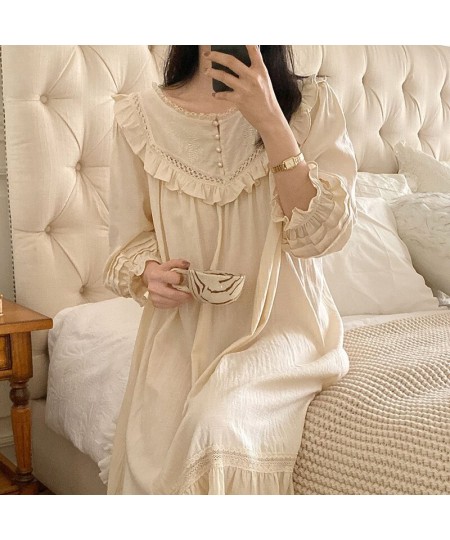 New Vintage Embroidery Cotton Long Nightgowns For Women Long Sleeve Beige Elegant Nightshirts Comfortable Plus Size Night Dre...