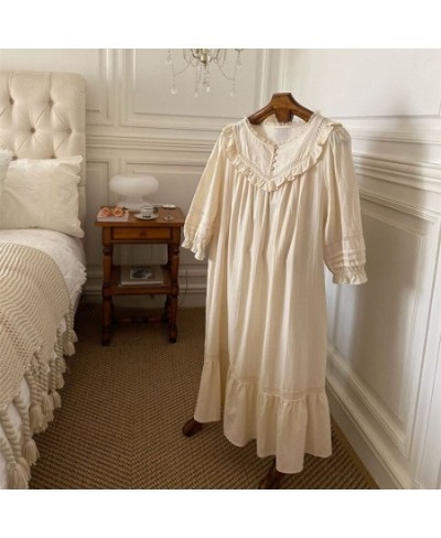 New Vintage Embroidery Cotton Long Nightgowns For Women Long Sleeve Beige Elegant Nightshirts Comfortable Plus Size Night Dre...