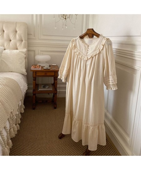 New Vintage Embroidery Cotton Long Nightgowns For Women Long Sleeve Beige Elegant Nightshirts Comfortable Plus Size Night Dre...