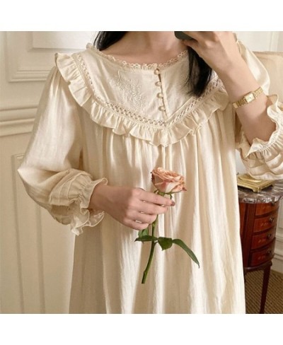 New Vintage Embroidery Cotton Long Nightgowns For Women Long Sleeve Beige Elegant Nightshirts Comfortable Plus Size Night Dre...