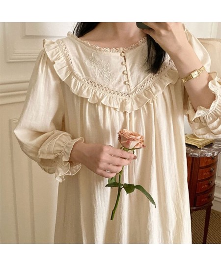 New Vintage Embroidery Cotton Long Nightgowns For Women Long Sleeve Beige Elegant Nightshirts Comfortable Plus Size Night Dre...