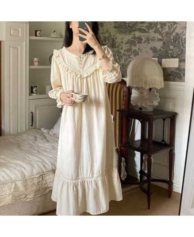 New Vintage Embroidery Cotton Long Nightgowns For Women Long Sleeve Beige Elegant Nightshirts Comfortable Plus Size Night Dre...