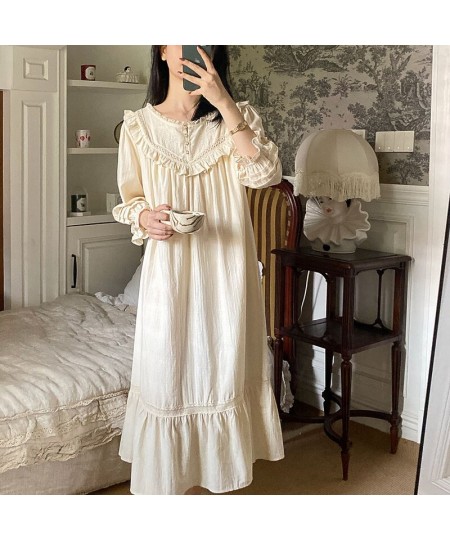 New Vintage Embroidery Cotton Long Nightgowns For Women Long Sleeve Beige Elegant Nightshirts Comfortable Plus Size Night Dre...