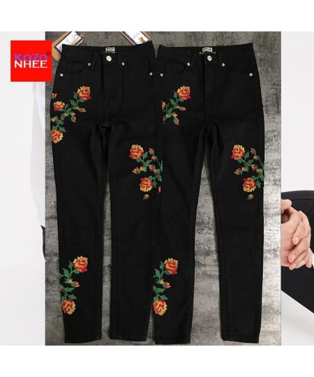 Women Elasticity Mosaic Embroidery Jeans With High Waist Plus Size Vintage Female 2023 Ladies Black Stretch Denim Pants Penci...