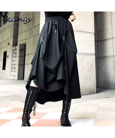 Plus Size Harajuku Punk Style Skirts Women High Waist Buckle Irregular Gothic Skirt Black Hip Hop Streetwear Freely Adjustabl...