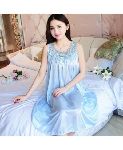 Plus Size 4XL Women Sexy Silk Nightgowns Ladies Lace Long Sleepwear Nighty Summer Girls Sleeveless Loose Sleepdress Sleepshir...